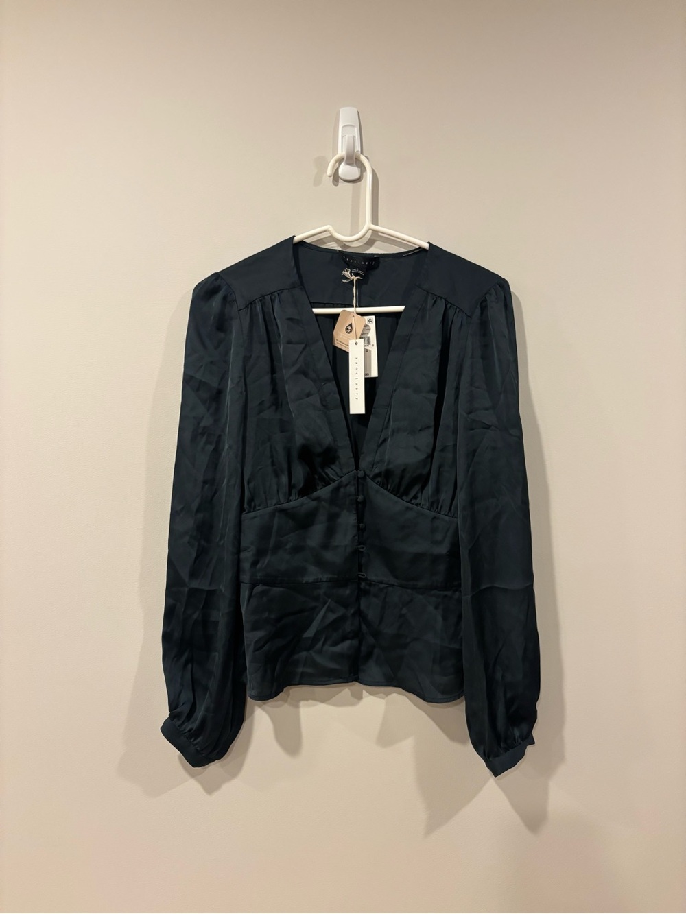 NWT Sanctuary Dark Green Teal Satin V-Neck Cinched Button Front Blouse Women S